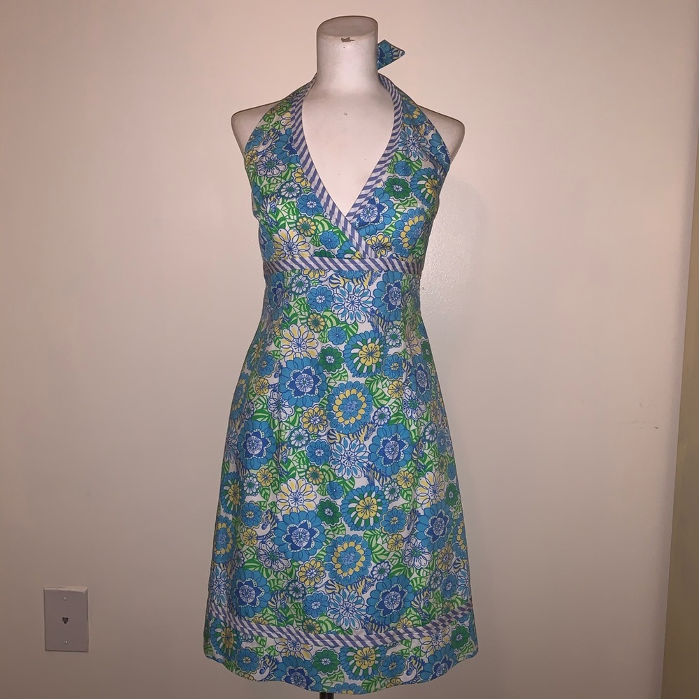 Lilly - Blue and green floral print halter dress